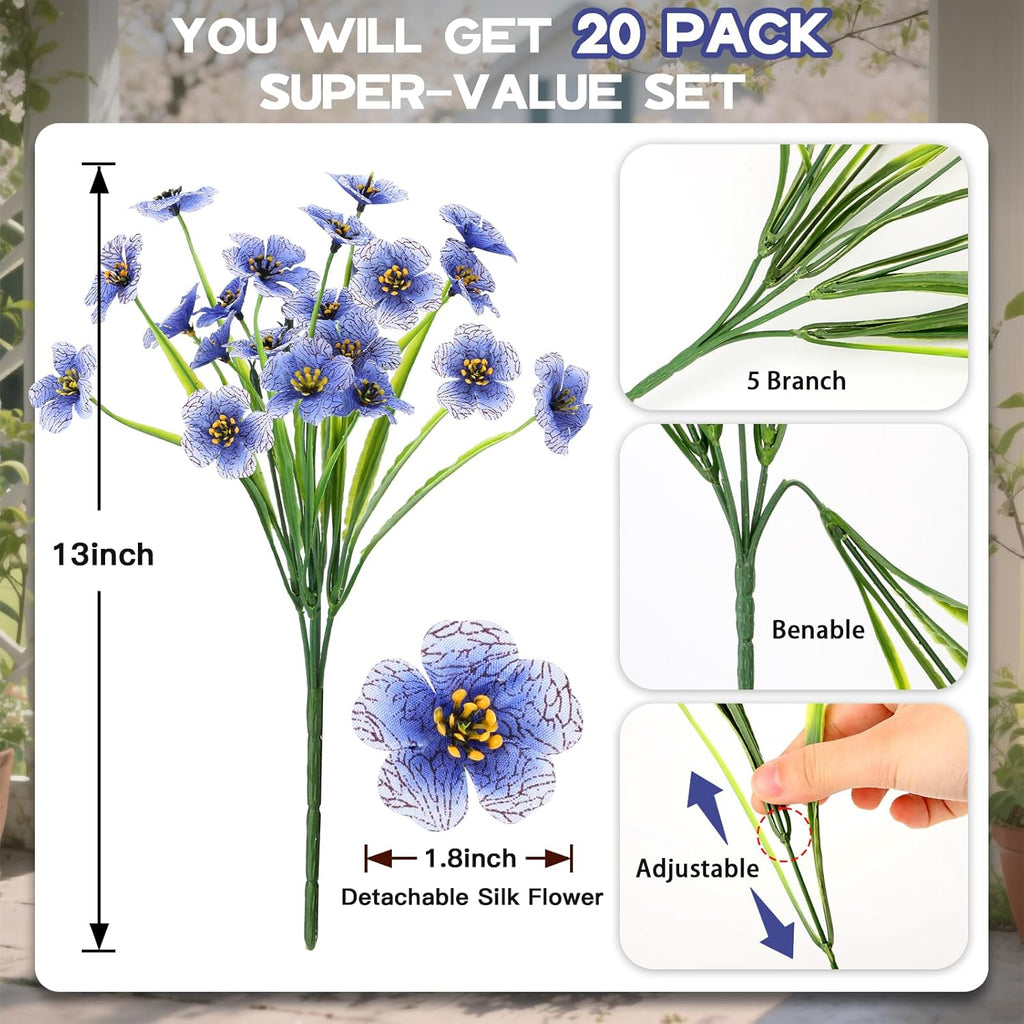 20 Bundles Artificial Flowers for Outdoors Decorations, Fake Flowers Faux Plants Silk Colorful Daisy Flowers Realistic UV Resistant for Garden Patio Porch Box Home Decor (Blue)