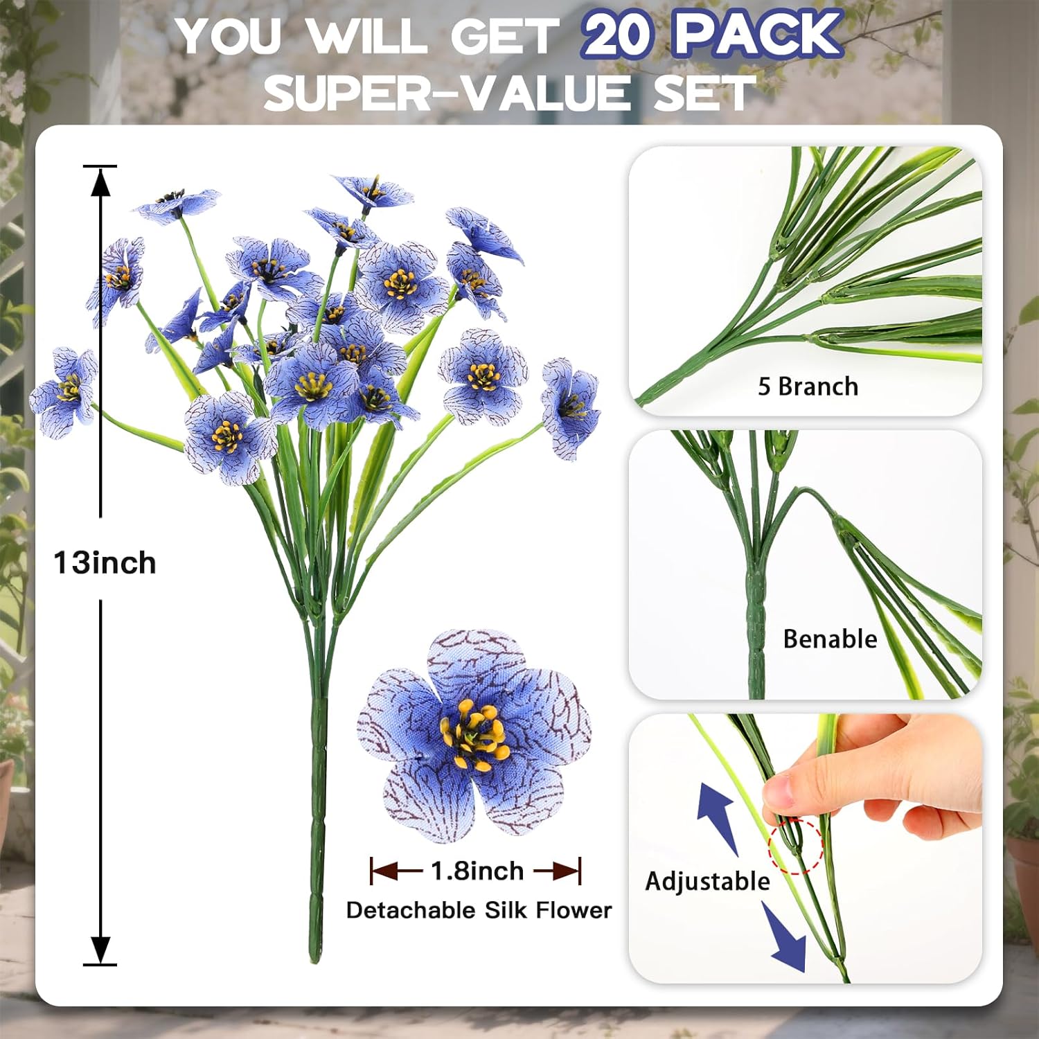 20 Bundles Artificial Flowers for Outdoors Decorations, Fake Flowers Faux Plants Silk Colorful Daisy Flowers Realistic UV Resistant for Garden Patio Porch Box Home Decor (Blue)