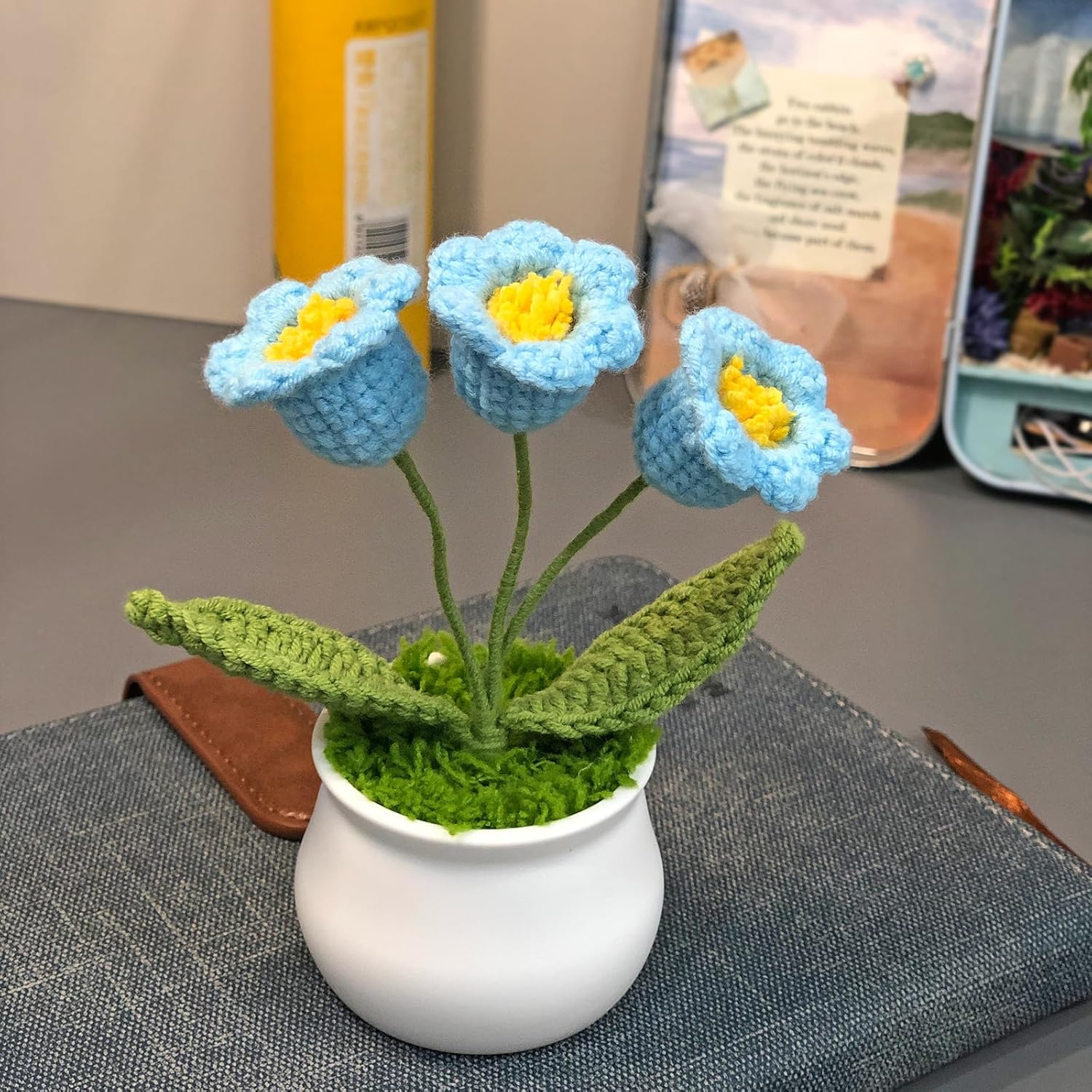 Crochet Flowers Cute Little Potted Flower, Gift for Birthday, Teacher’s Day, Graduation, Anniversary, Christmas, Decor for Car Dashboard,Home Office Decoration (Blue Lily of The Valley)