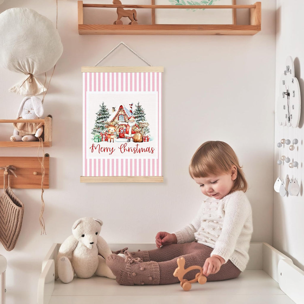 FDHSPAAM Cute Pink Christmas Santa Reindeer Wall Art Decor, Kids Christmas Decor, Winter Cottage Pink Striped Wall Art Posters for Home Bedroom Living Room, 12x16 Inch