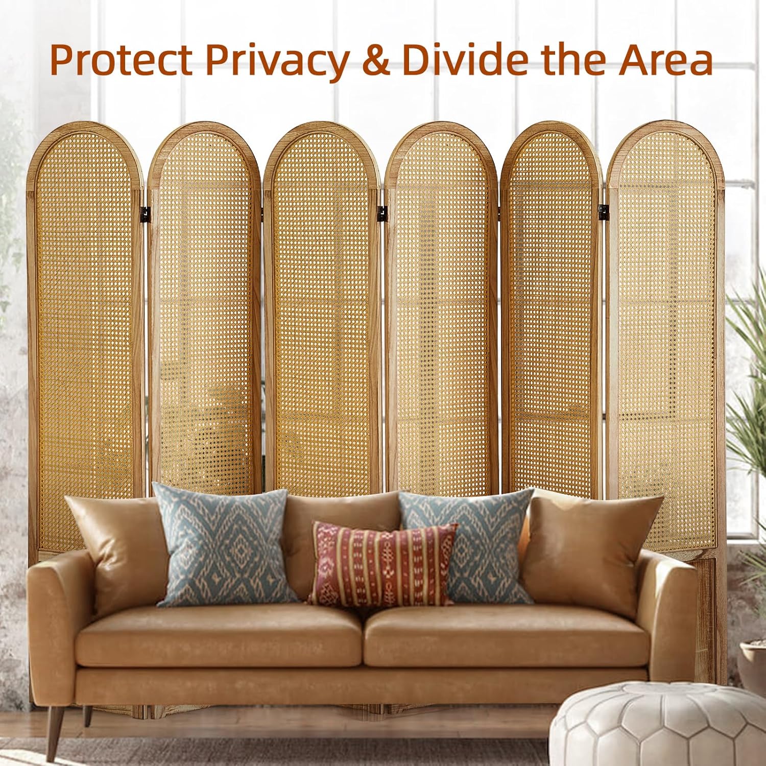 6 Panel Room Dividers and Folding Privacy Screens, Hand-Made Rattan Room Divider with Bi-Directional Hinge, Pre-Assembled Wood Room Divider Wall for Home Office Bedroom, Light Brown