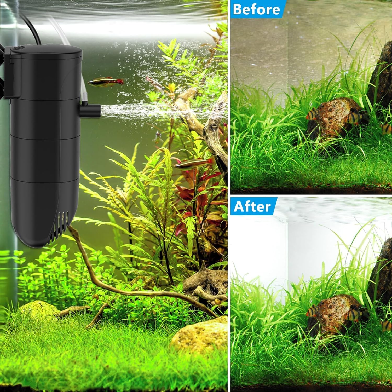fishkeeper Submersible Aquarium Filter, 186GPH 4-Stage Fish Tank Filter Adjustable Air Flow Powerful Internal Filter for 25-45 Gallon Tank with Filtration Oxygenation Circulation (13W)