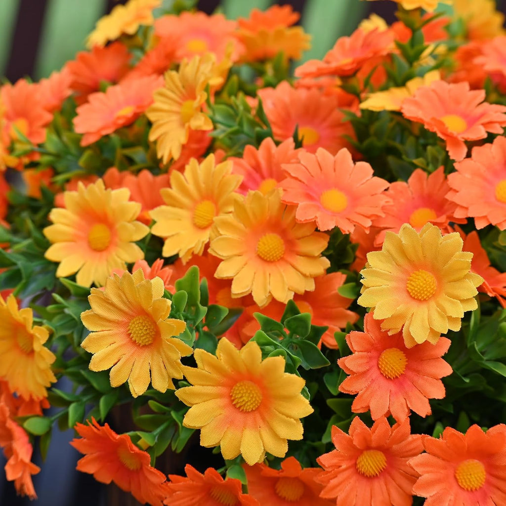Artificial Fake Flowers Plants for Outdoor Decoration, Faux Flower Yellow Orange Daisy with Eucalyptus Leaves for Planter Front Door Porch Patio Balcony Decoration, 10 Bundles