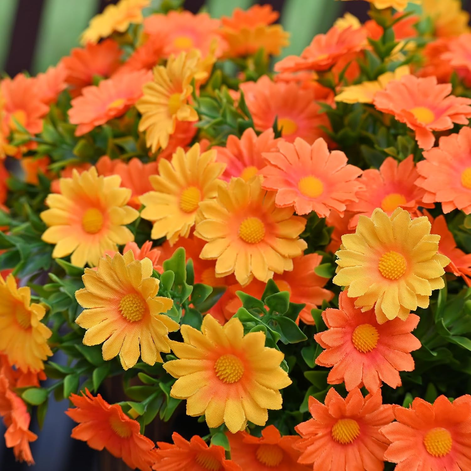 Artificial Fake Flowers Plants for Outdoor Decoration, Faux Flower Yellow Orange Daisy with Eucalyptus Leaves for Planter Front Door Porch Patio Balcony Decoration, 10 Bundles
