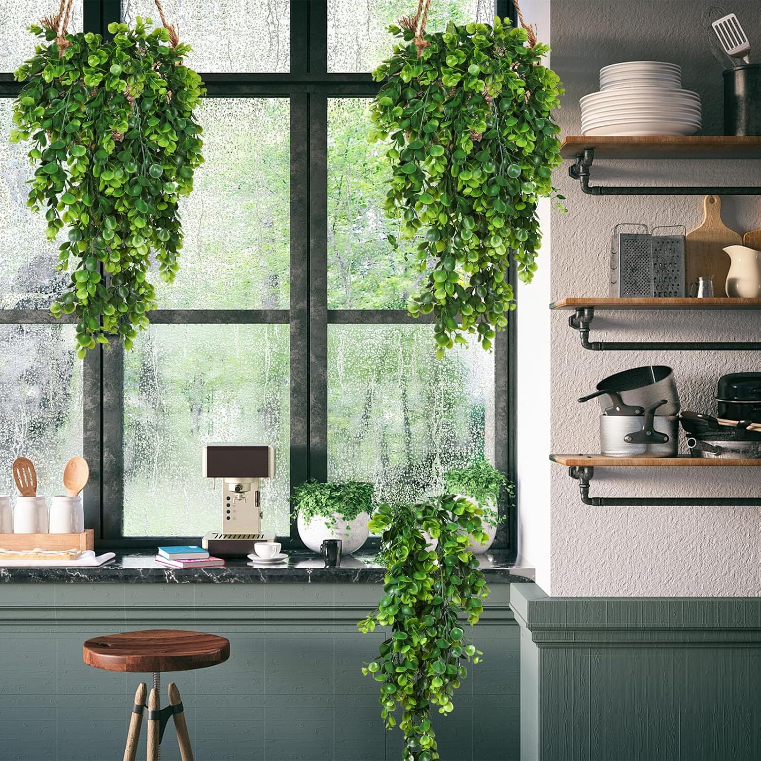 RECUTMS 4 Pack Artificial Hanging Plants Faux Eucalyptus Leaf Greenery Fake Plant for Wall House Room Patio Indoor Outdoor Home Shelf Office Decor (Green)