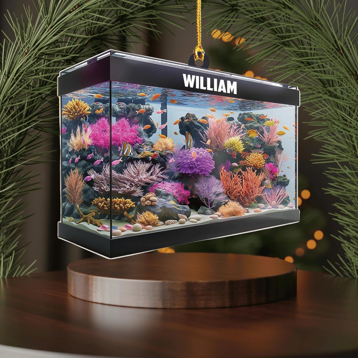Personalized Aquarium Christmas Ornament - Custom 2D Flat Acrylic Marine Reef Decoration with Name, Stunning Ocean Life Design Gift for Saltwater Enthusiasts