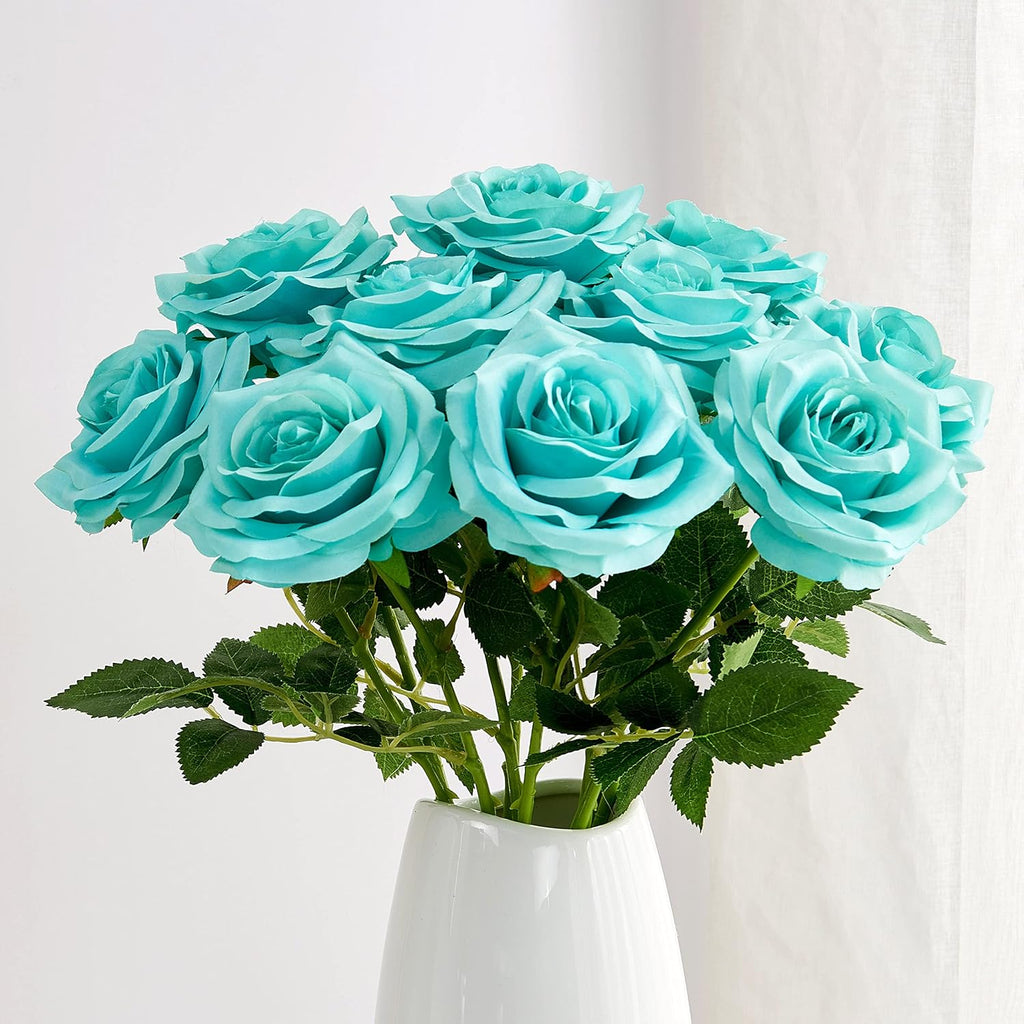 Artificial Rose 10pcs Open Flower Bouquet Faux Rose Stems for Wedding Arrangement, Bridal Bouquet, Centerpiece, Fake Faux Silk Flowers (Tiffany)