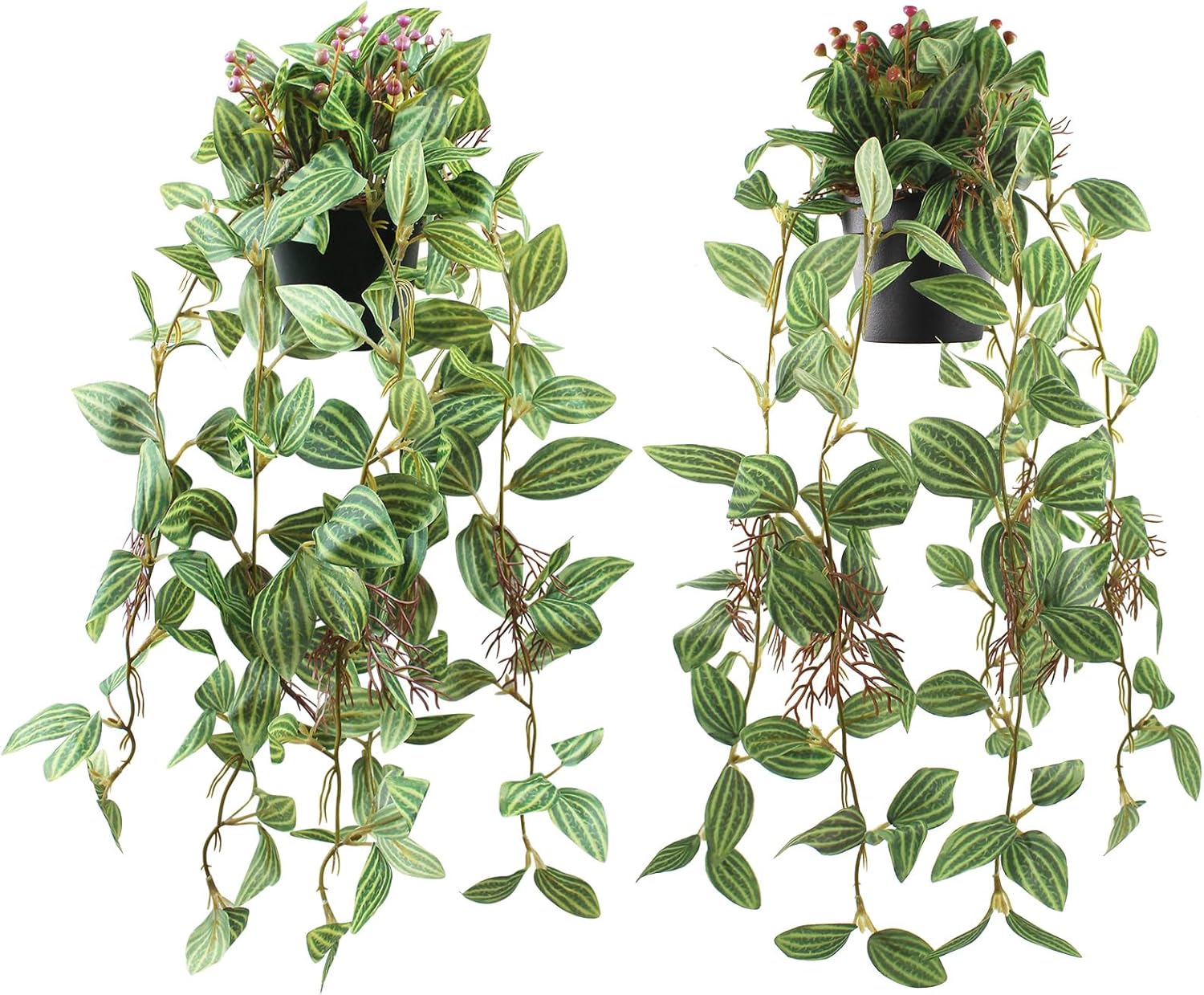 2 Pcs Artificial Hanging Plants Realistic Watermelon Texture Fake Peperomia Leaves Faux Potting Vine Green Plants for Indoor Outdoor Home Garden Decor