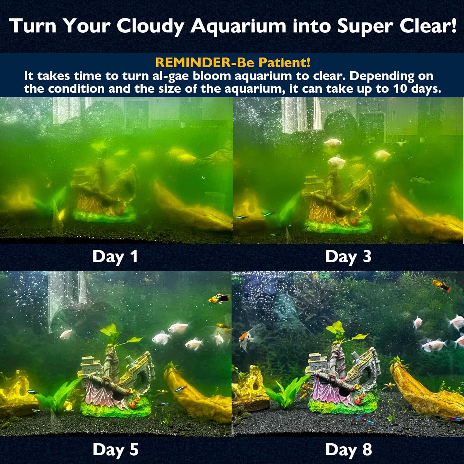 Aquarium Filter with Aeration & Rainfall Mode, U - V Fish Tank Filter with Timer (3/6/12/24 Hours) for Green Water Cleaning, Turtle Tank Filter with Efficient Filter Sponge (60-150Gal)