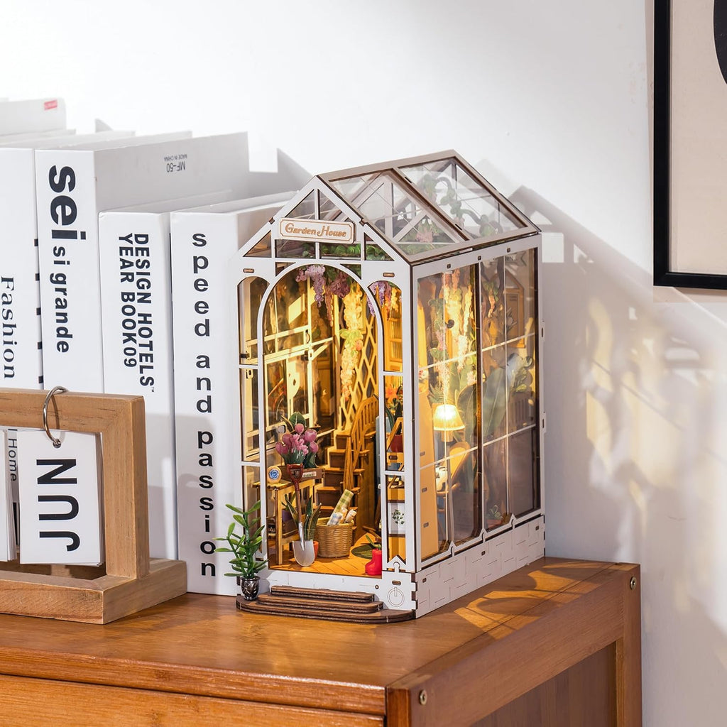 ROBOTIME Book Nook Kit - DIY Miniature House Kit, 3D Wooden Puzzle Booknook, Bookend Bookshelf Insert Decor with LED Light, DollhouseTiny House Hobby Diorama Kit Unique Gifts (Garden House)