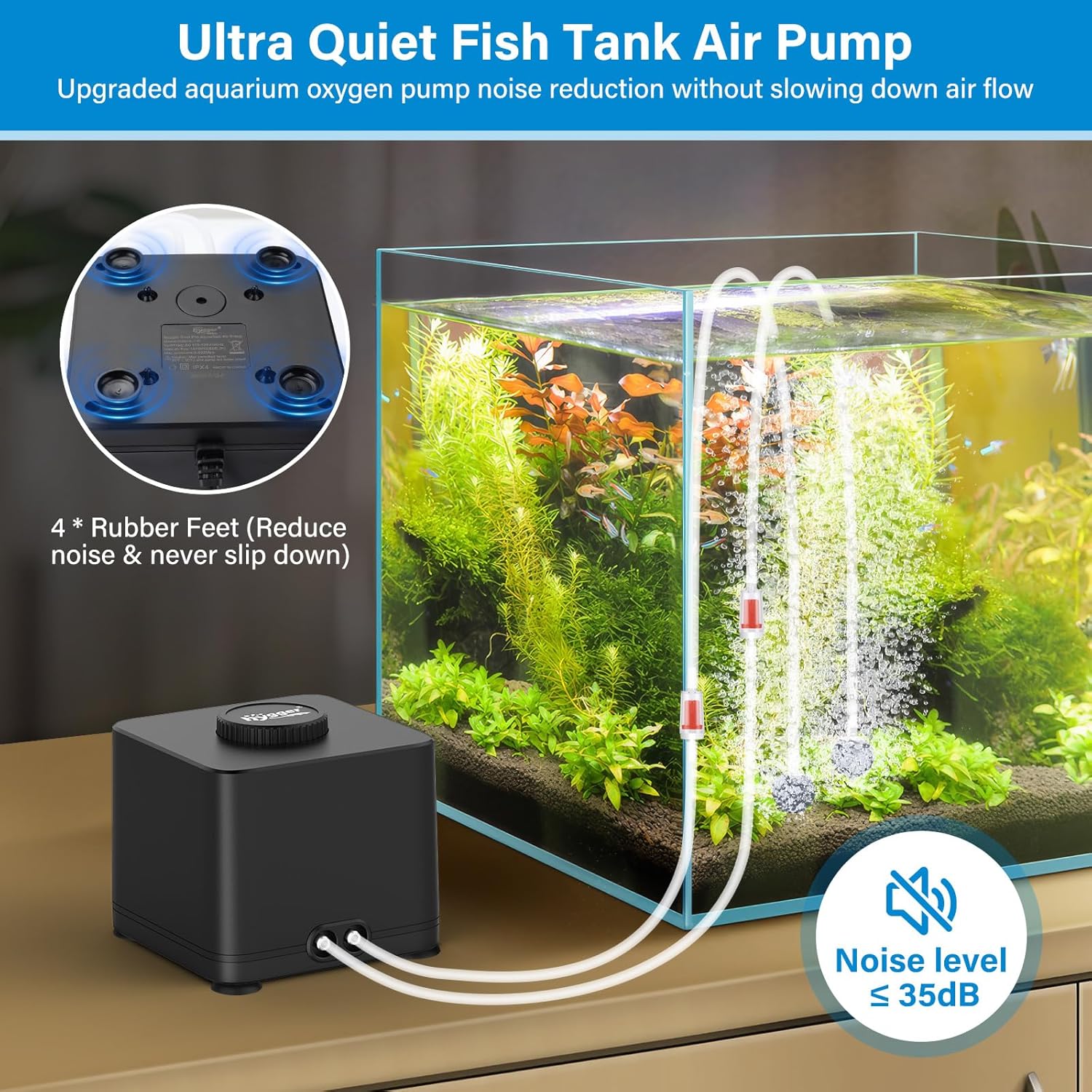 hygger Aquarium Air Pump, Quiet Adjustable Fish Tank Air Pump, 4W/7W/11W Powerful Oxygen Aerator Dual Stainless Steel Outlets with Air Stone Bubbler for Small Medium Large Fish Tank, Hydroponic