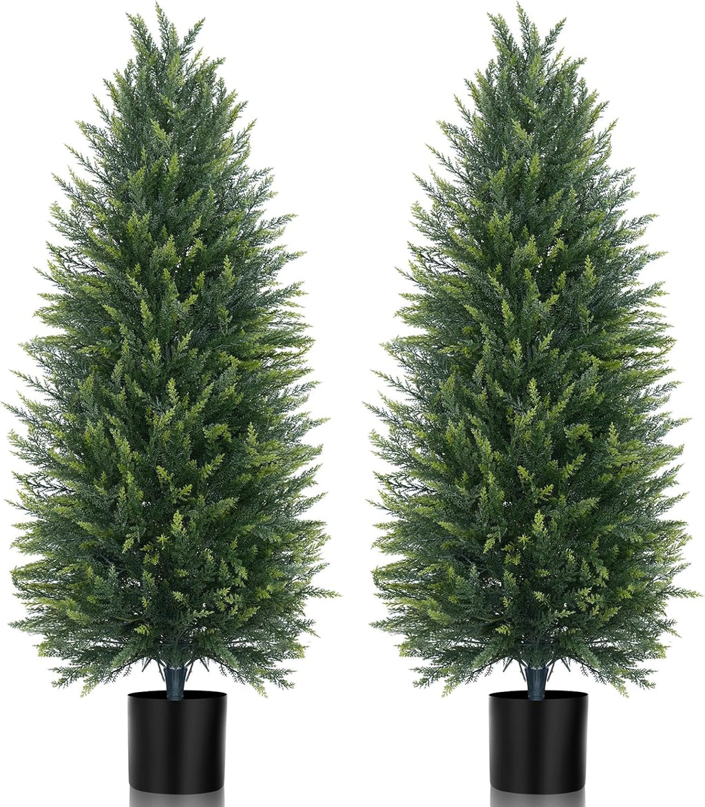 4FT Artificial Cedar Topiary Tree Set of 2, Faux Evergreen Pine Shrubs Plants with Pot, Realistic Fake Plants for Indoors Outdoors Front Porch Christmas Decor