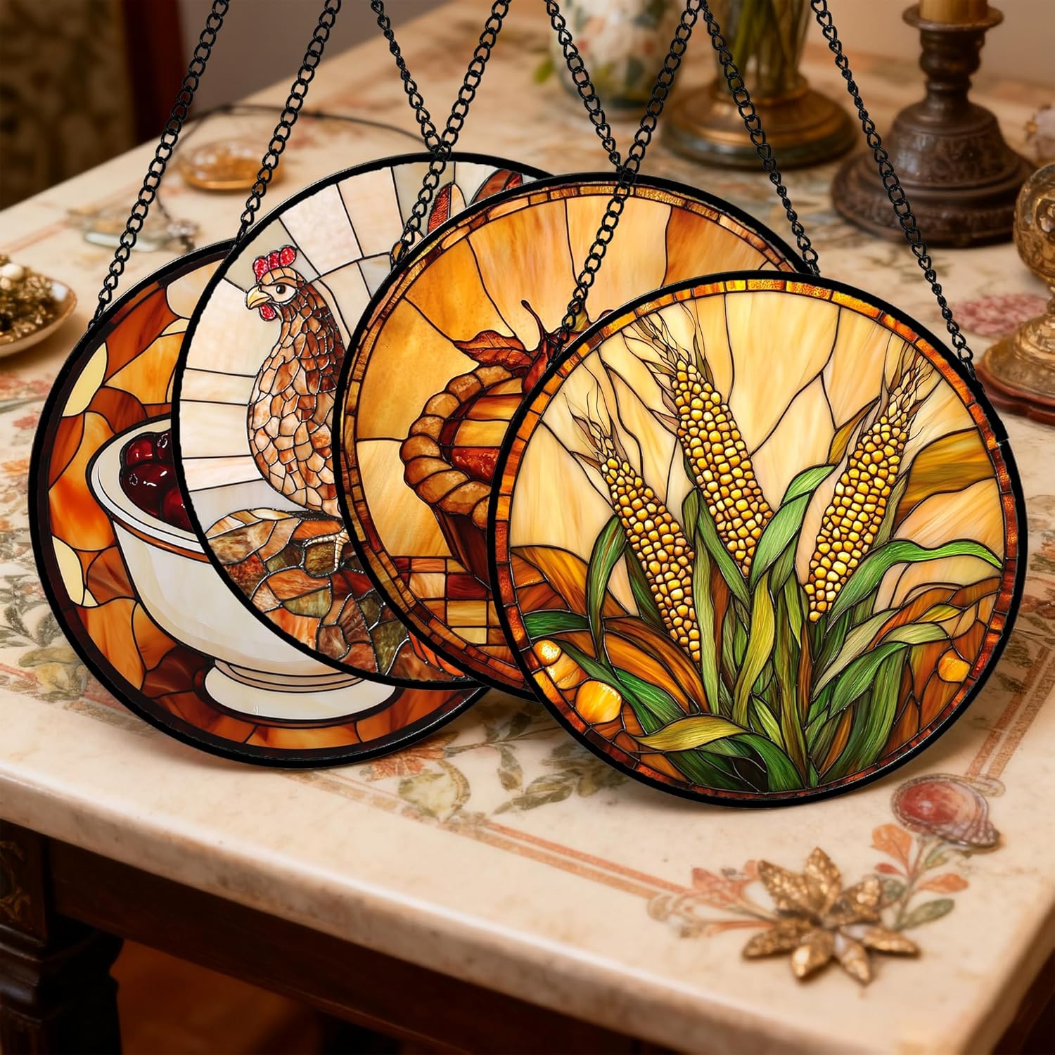 Stained Glass Window Hanging 4 Pcs Set Brown Turkey Berry Corn 7.8" - Suncatcher Door Garden Sun Catcher Decor Birthday Thanksgiving Mother's Day for Mom Woman Nana Men