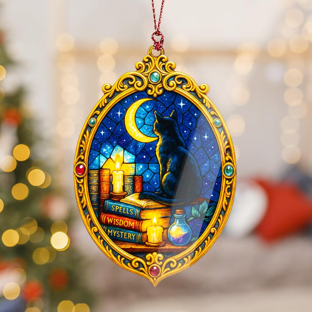 Black Cat Ornament – Witch Decor Ornament – Mystical Cat Gift – Gothic Witchcraft Card – Halloween Christmas Ornament – Suncatcher Effect Window – White Elephant Gifts - Xmas Tree Funny Decoration