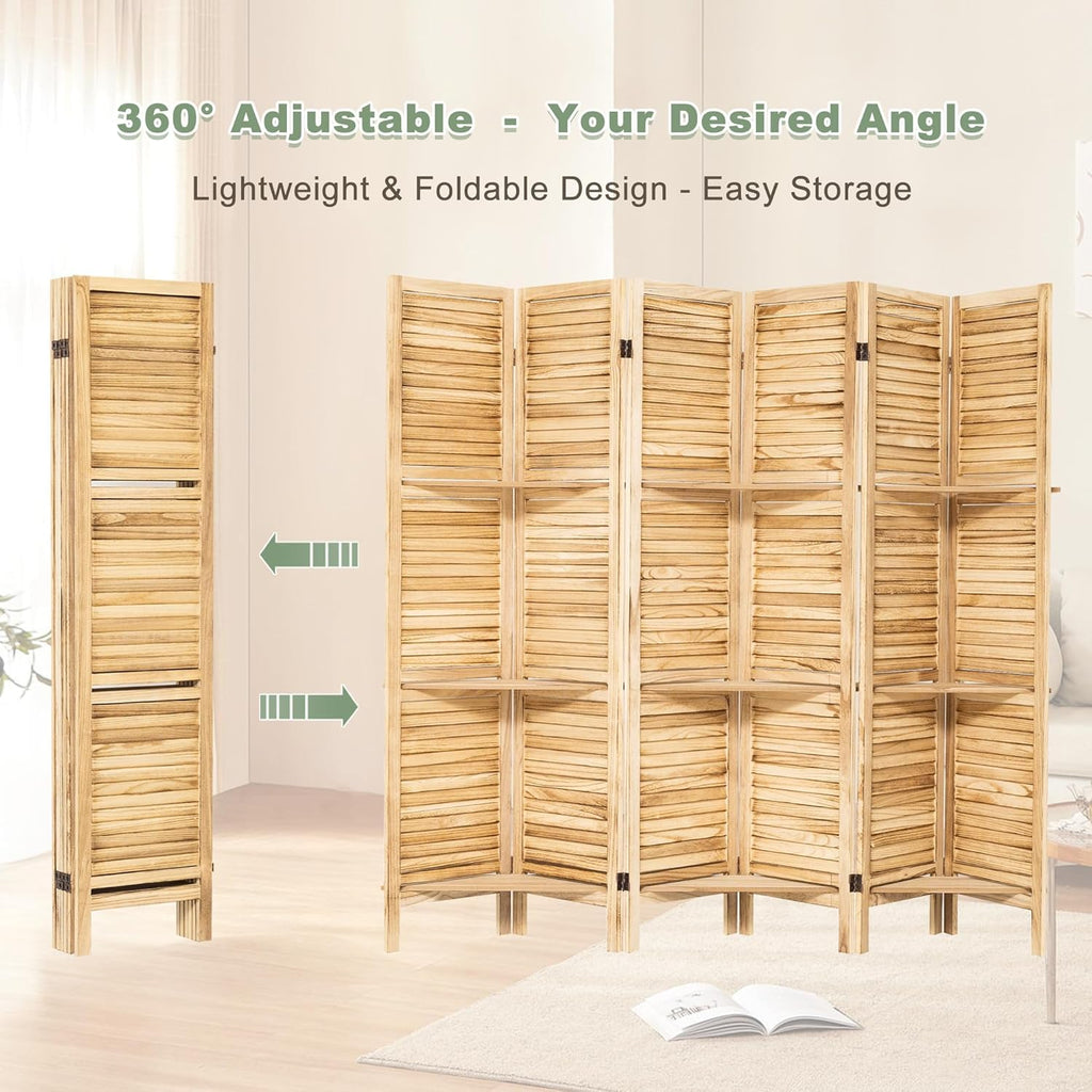 6 Panel Room Divider Freestanding Privacy Screen with Display Shelves Foldable Wooden Room Divider Panel for Bedroom, Home Office, Living Room, Natural