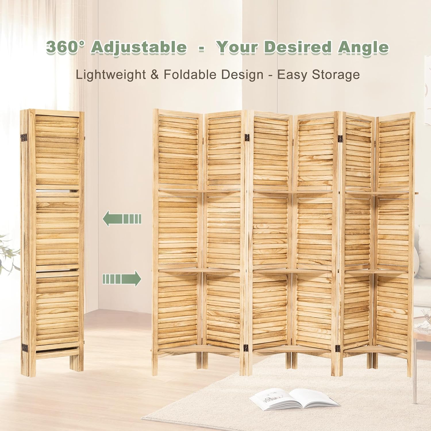 6 Panel Room Divider Freestanding Privacy Screen with Display Shelves Foldable Wooden Room Divider Panel for Bedroom, Home Office, Living Room, Natural