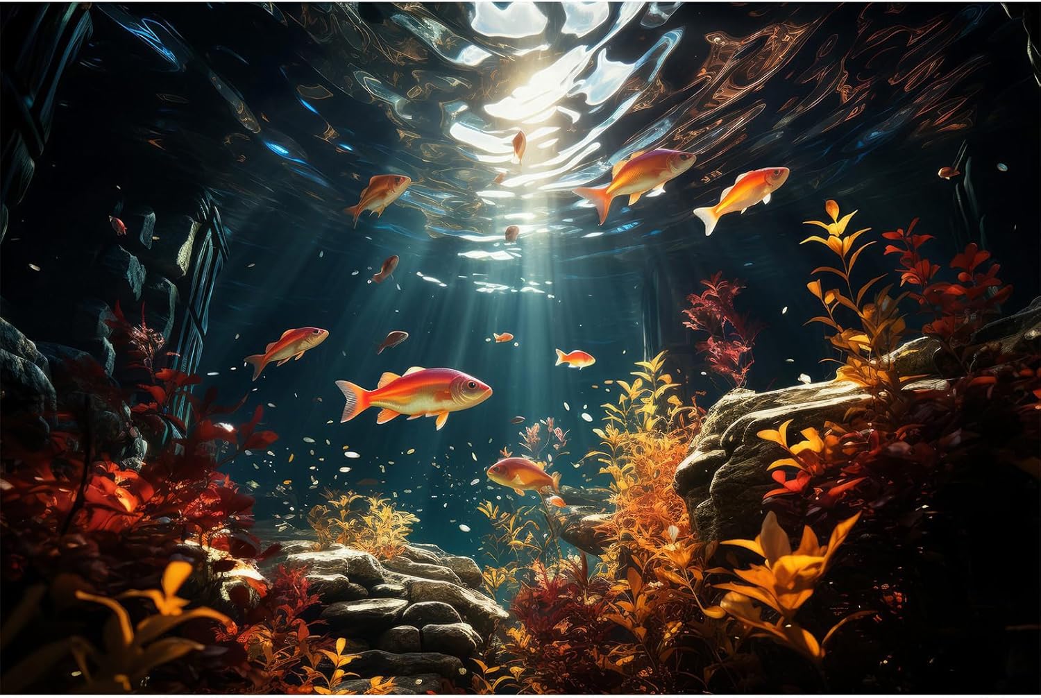 Underwater Aquarium Background Orange Aquatic Plants with Sunbeams Fish Tank Background Underwater Rooted Species Stone Rocks Tropical Fish Terrarium Background Vinyl 48x20in