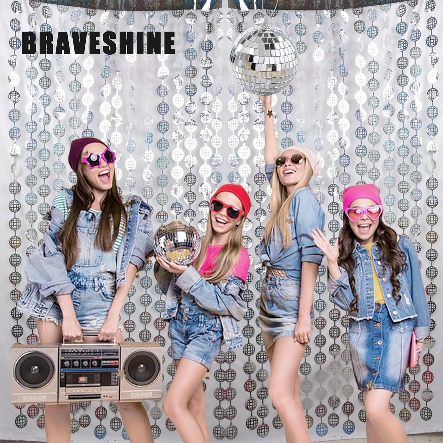 BRAVESHINE Hanging Balls Party Streamers Backdrop - 2 Pack Silver Tinsel Foil Fringe Curtains for Christmas/70s/80s/90s/Discoball/Birthdays/Bachelorette/Engagement/Music/Dance/New Years Decorations