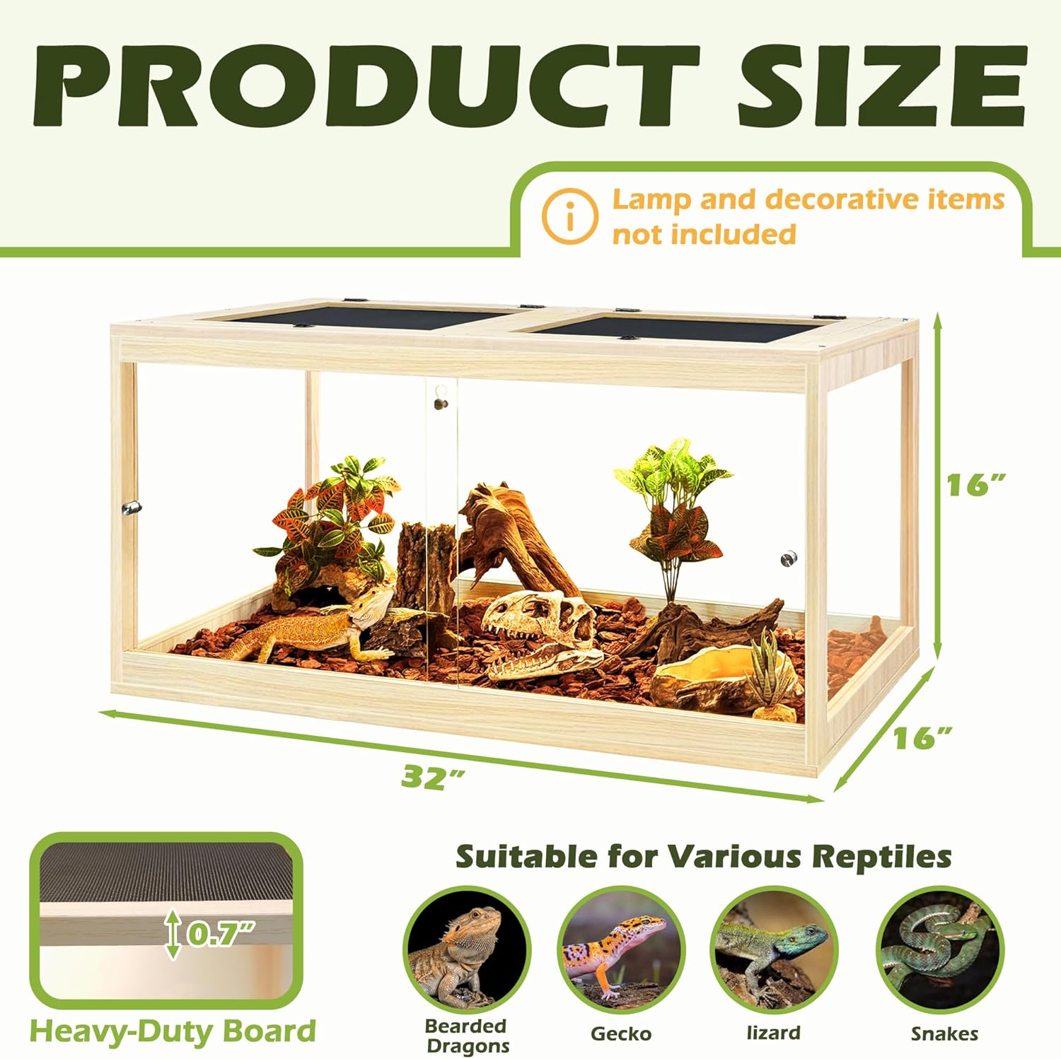 Prolee Tempered Glass Bearded Dragon Tank,Reptile Encloure and Snake Tank with Metal Mesh Roof Door,Locking Design Reptile Tank for Lizard,Gecko,Chameleon (Oak, 32 Gallon (32x16x16 Inch))