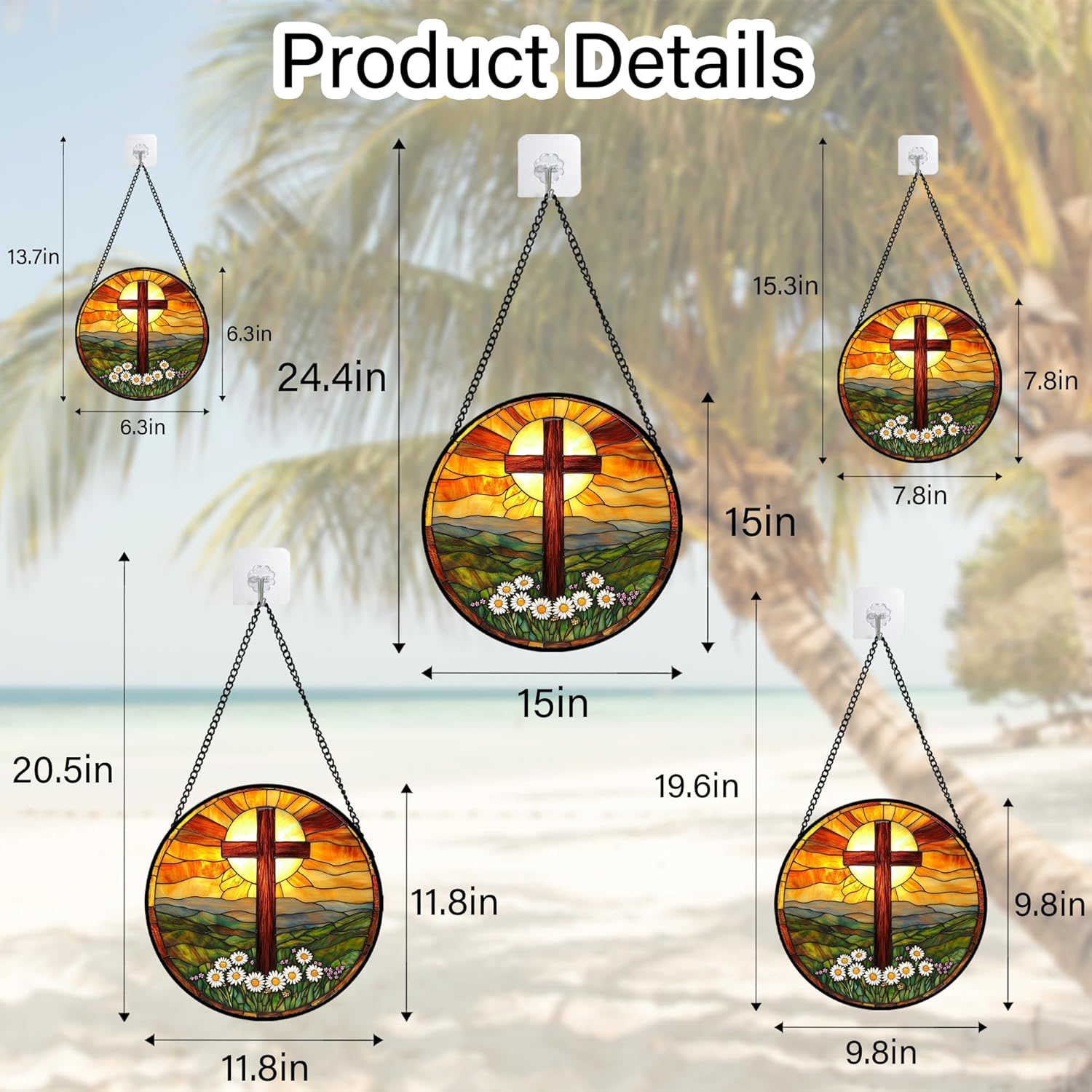Christian Gifts for Women - Cross Stained Glass Window Hanging Easter Daisy Natural Landscape Sun Catcher Garden Religion Decor Mother's Day Catholic Gift for Men Grandma Mom Her Nana 15"