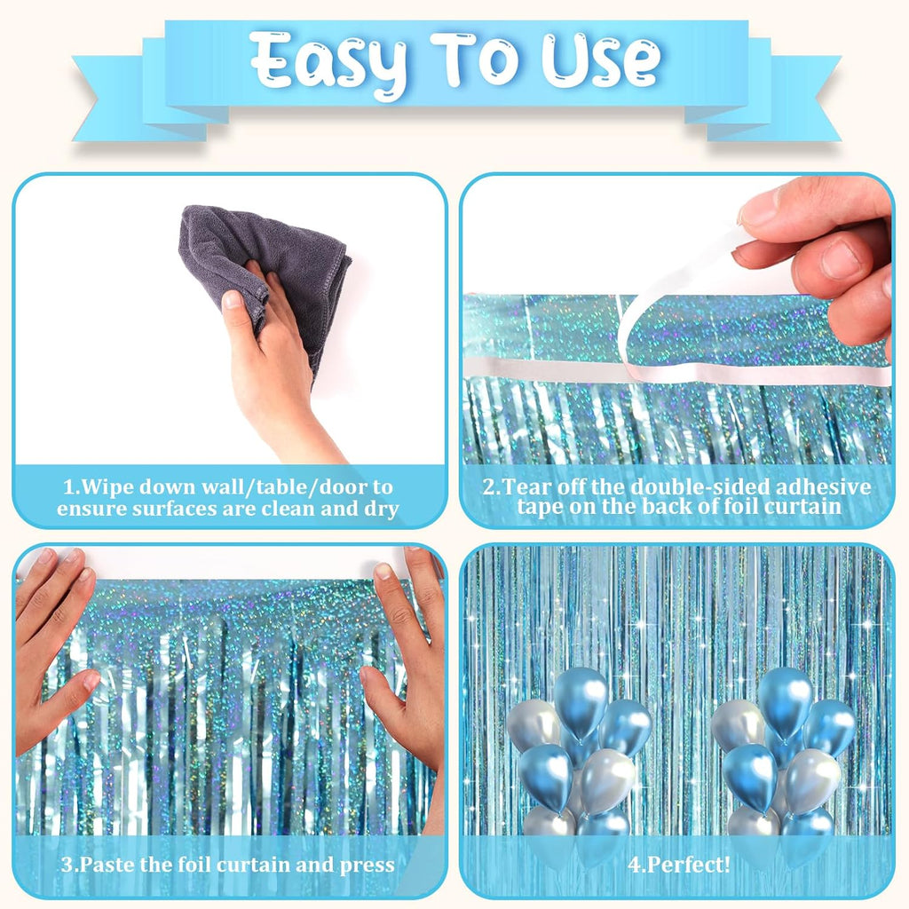 2 Pack Laser Light Blue Foil Fringe Curtains, Tinsel Streamers Birthday Party Decorations, Fringe Backdrop for Kids Birthday, Sea, Blue Theme Party