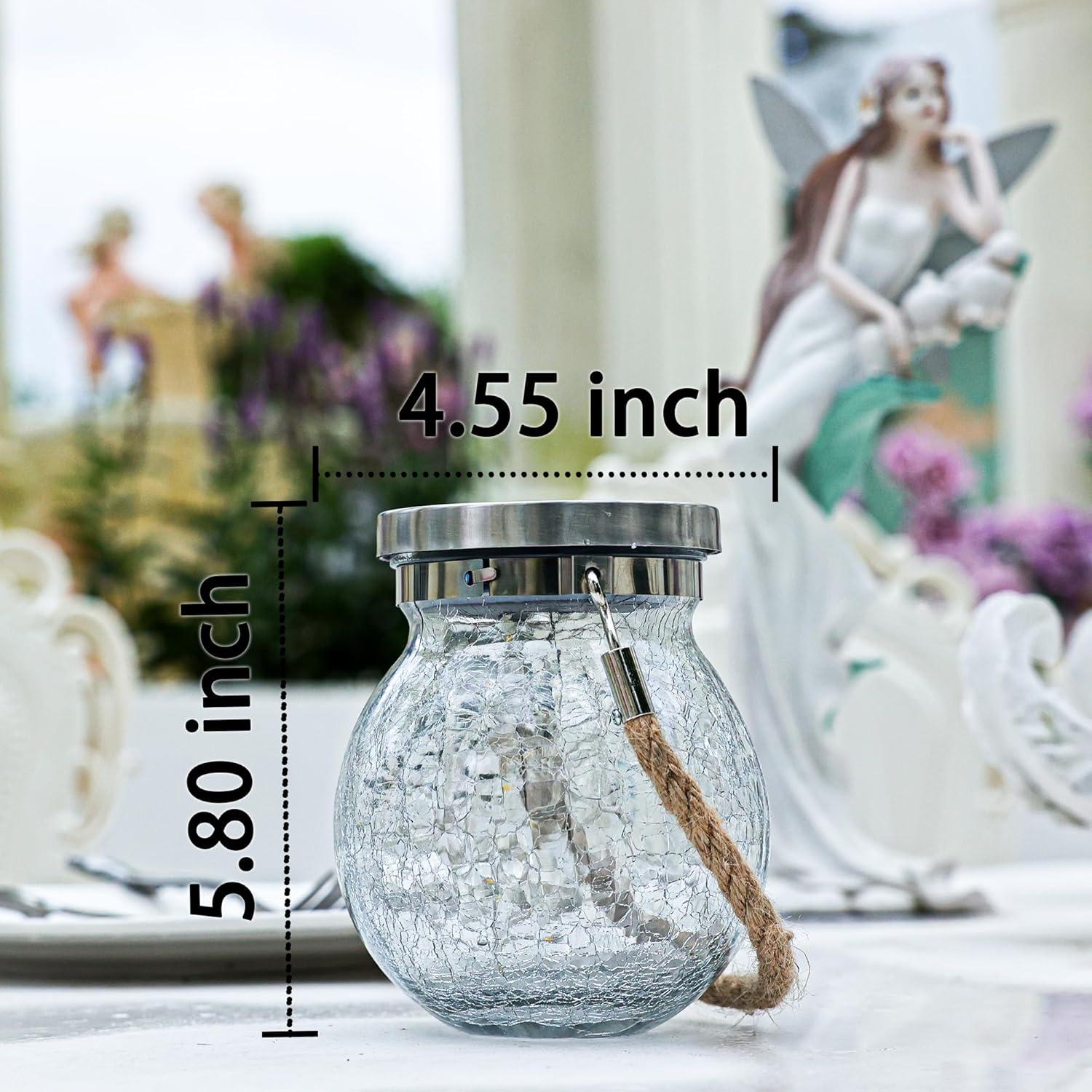 Cooo Christmas Gifts 6 Pack Heavy Crackle Glass Solar Lantern with 30 LED Firefly Lights– Waterproof Outdoor Hanging Lamp 215% Larger Solar Panel, Stainless Steel Lid Decorative Lighting for Garden