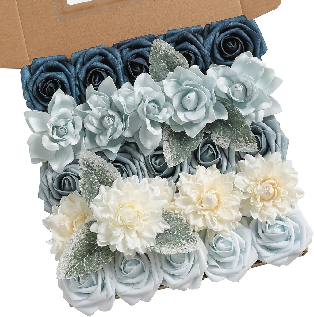 Blue Artificial Flowers Combo Box Set Gradient Color Flower Leaf with Stems for DIY Wedding Bouquets Centerpieces Baby Shower Party Home Decorations