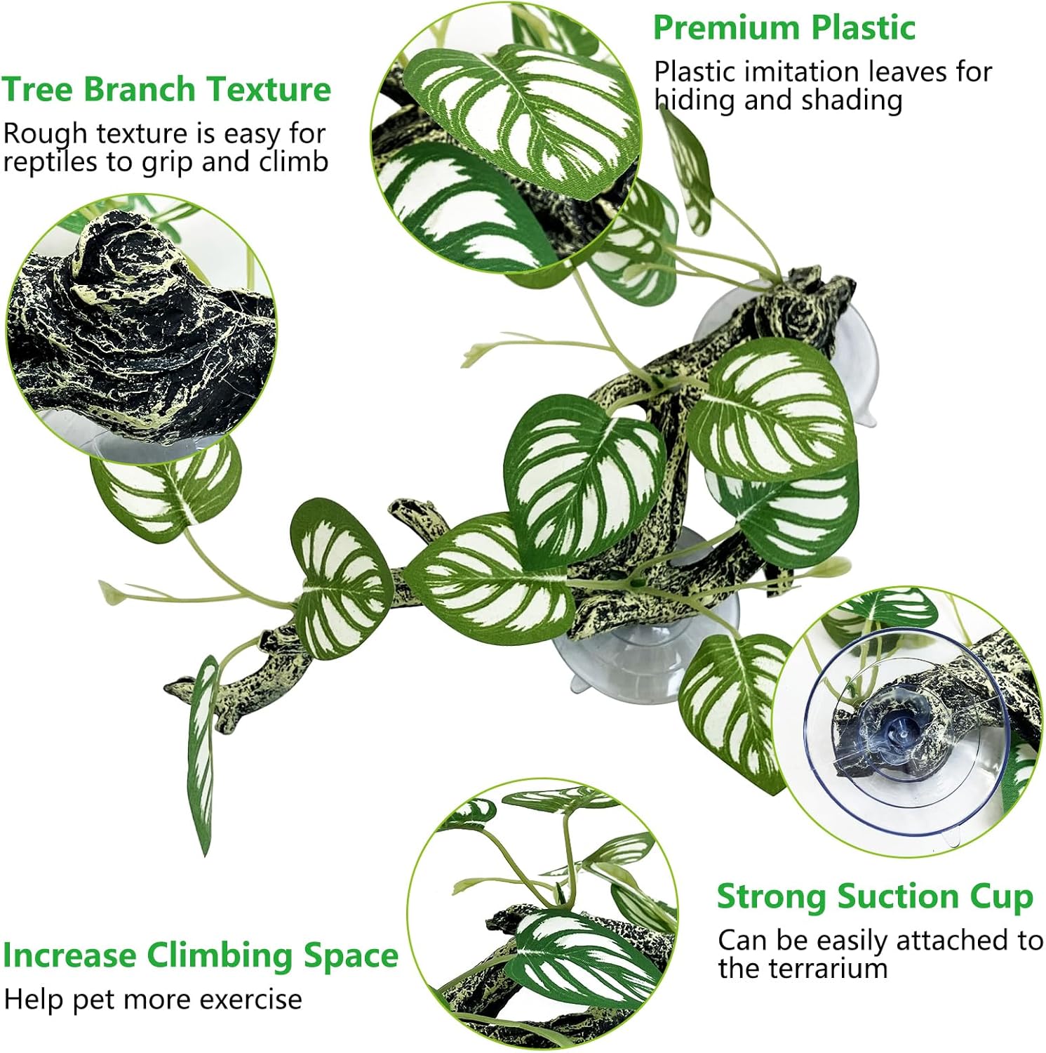 kathson 4 PCS Reptile Corner Branch Resin Snake Climb Tree Branch Decor Reptile Branches for Climbing with Suction Cups Frog Terrarium Plants for Lizard Bearded Dragons Gecko