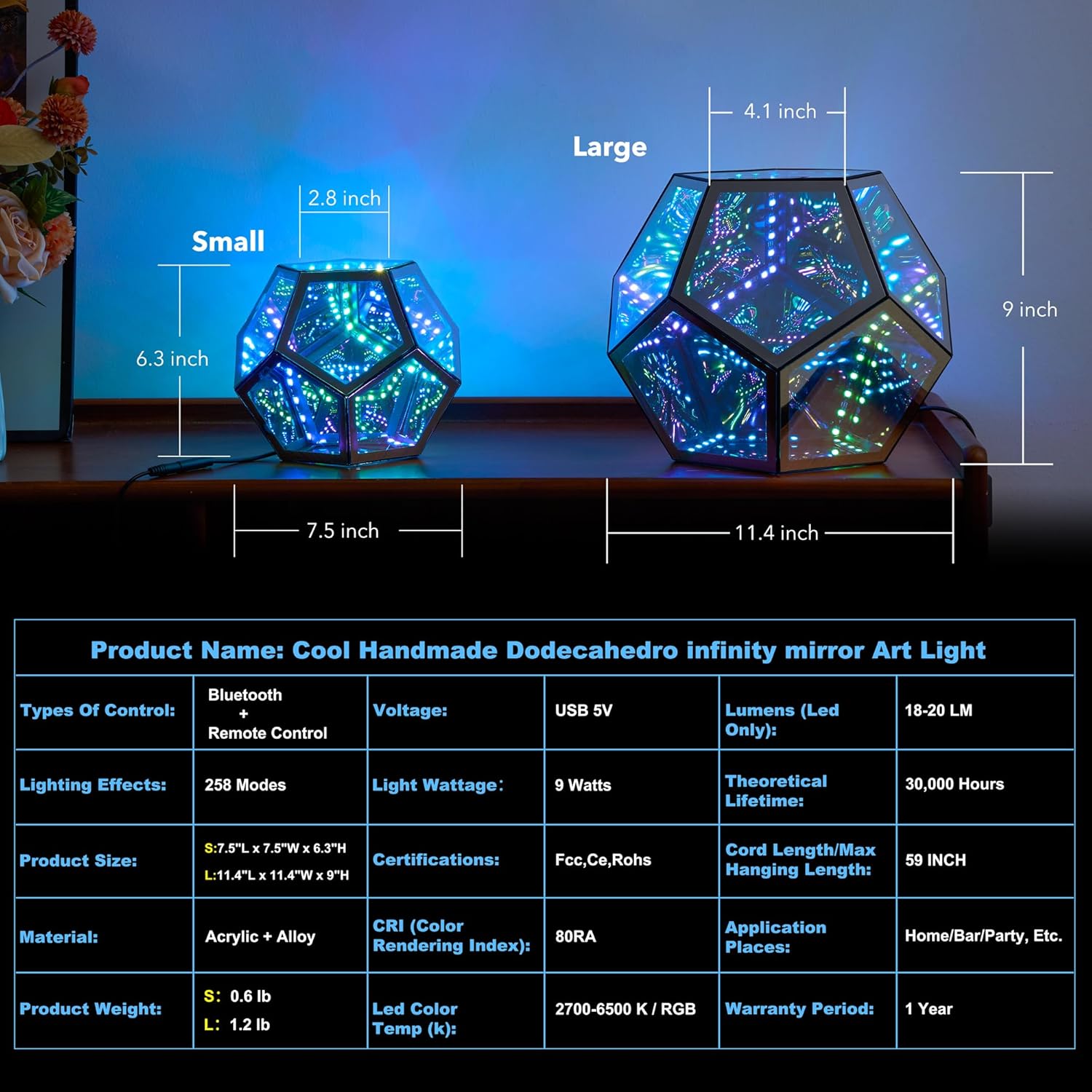 Large Infinity Dodecahedron Gaming Light, Cool RGBW Led Desk Table Lamp Light for Bedroom Gaming Room Decor, Unique Colorful Mood Changing Ambient Lighting Adult Birthday Christmas Gift Decorations