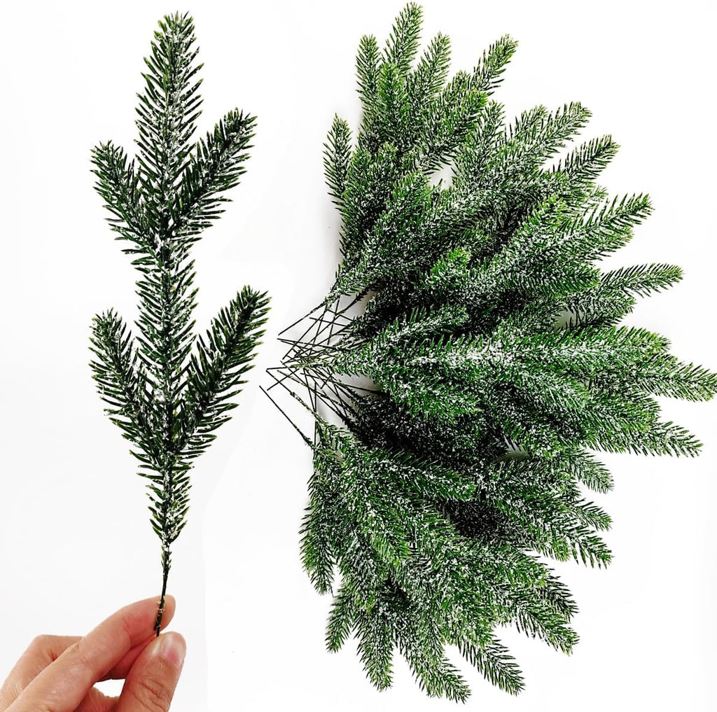 TIHOOD 25PCS 11.8” Artificial Flocking Pine Picks Snow Forest Artificial Pine Needles Branches Christmas Fake Greenery Tree Branches DIY Leaves for Christmas Wreaths Garden Party Holiday Decor