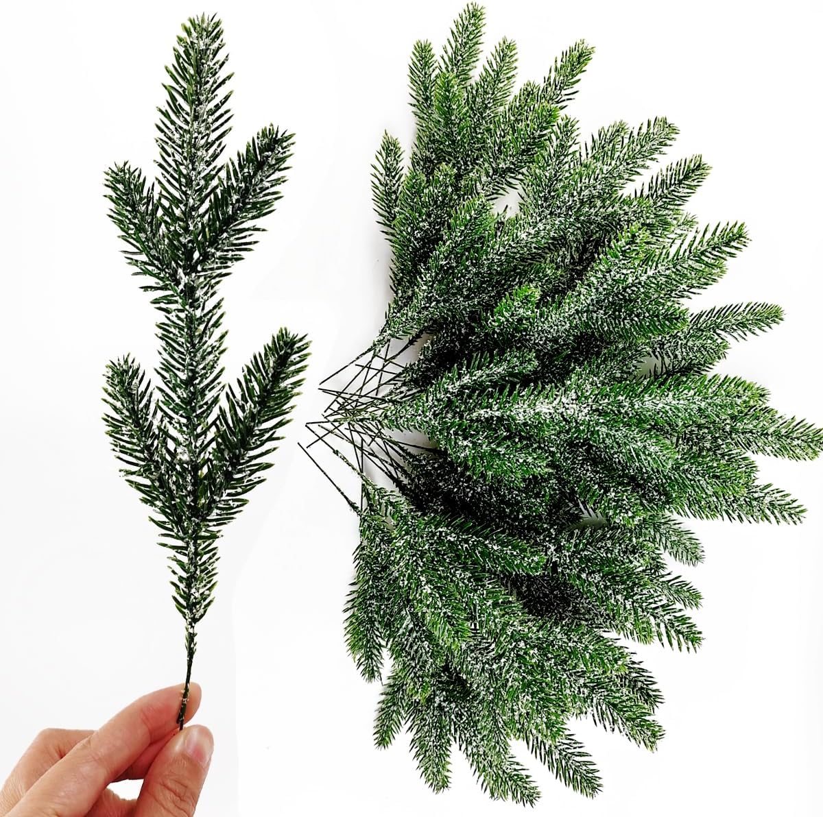 TIHOOD 25PCS 11.8” Artificial Flocking Pine Picks Snow Forest Artificial Pine Needles Branches Christmas Fake Greenery Tree Branches DIY Leaves for Christmas Wreaths Garden Party Holiday Decor