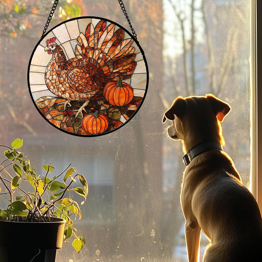 Stained Glass Window Hanging 4 Pcs Set Brown Turkey Berry Corn 6.3" - Suncatcher Door Garden Sun Catcher Decor Birthday Thanksgiving Mother's Day for Mom Woman Nana Men