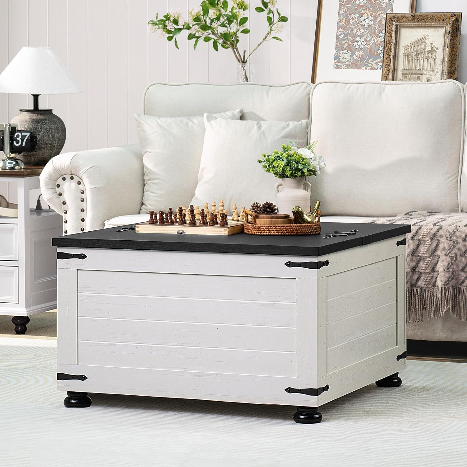 Farmhouse Coffee Table with Hidden Storage, Square Large Center Table for Living Room, Vintage Cocktail Tables with Flip-Top Lids, Farm House Tables with Wood Gourd Feet, Antique White & Black