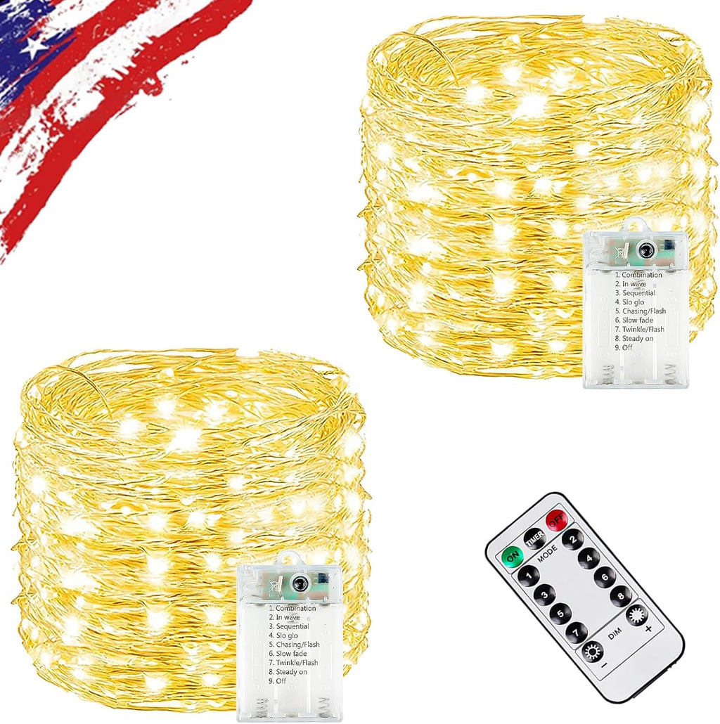 2 Pack Total 40FT 120LED Fairy Lights Battery Operated with Rmote, Waterproof Twinkle Lights with Timer Indoor Outdoor, Cuttable String Light for Bedroom, Classroom, Wedding, DIY, Christmas Decor