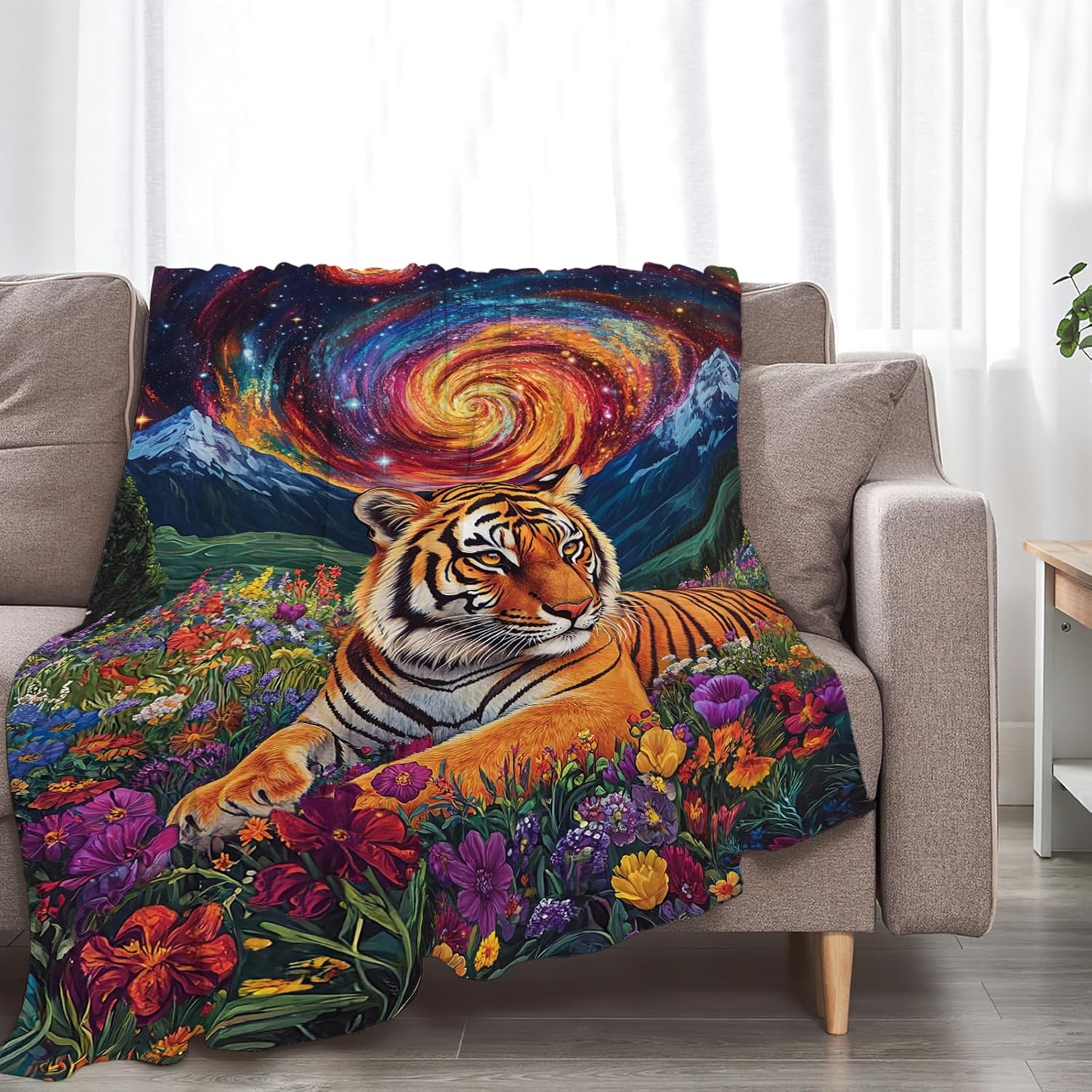 Tiger Blanket Starry Night Floral Animal Throw Blankets Gifts for Girls Boys Kids Tiger Lover Soft Cozy Fleece Plush for Couch Sofa Bed 50"x40"