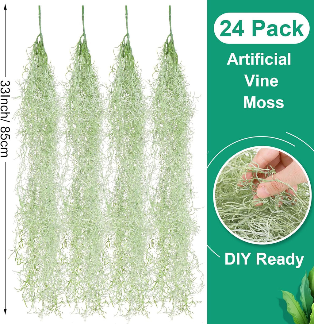 Cindeer 24 Pack Fake Spanish Moss Artificial Hanging Decoration Bulk Faux Greenery Moss Garland for Potted Wall Living Room Indoor Outdoor Decor(33 Inch,Dark Gray)