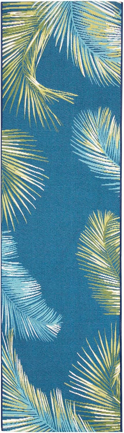 Liora Manne Marina Indoor/Outdoor Power Loomed Synthetic Blend Low Profile Area Rug - Transitional Border Botanical Beach Colorful (Palm Border Navy) (1'11" x 7'6")