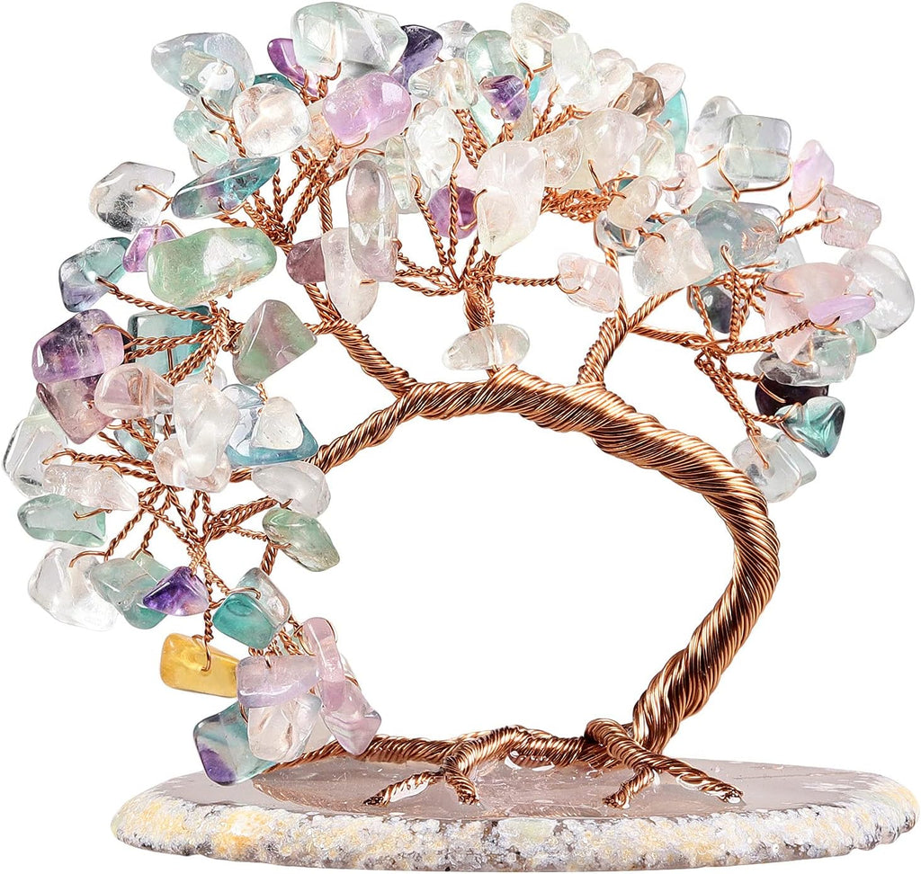 mookaitedecor Natural Fluorite Crystal Money Tree Agate Slice Base Feng Shui Bonsai Crystal Tree for Wealth Luck Desk Decor, 3-4 Inch High