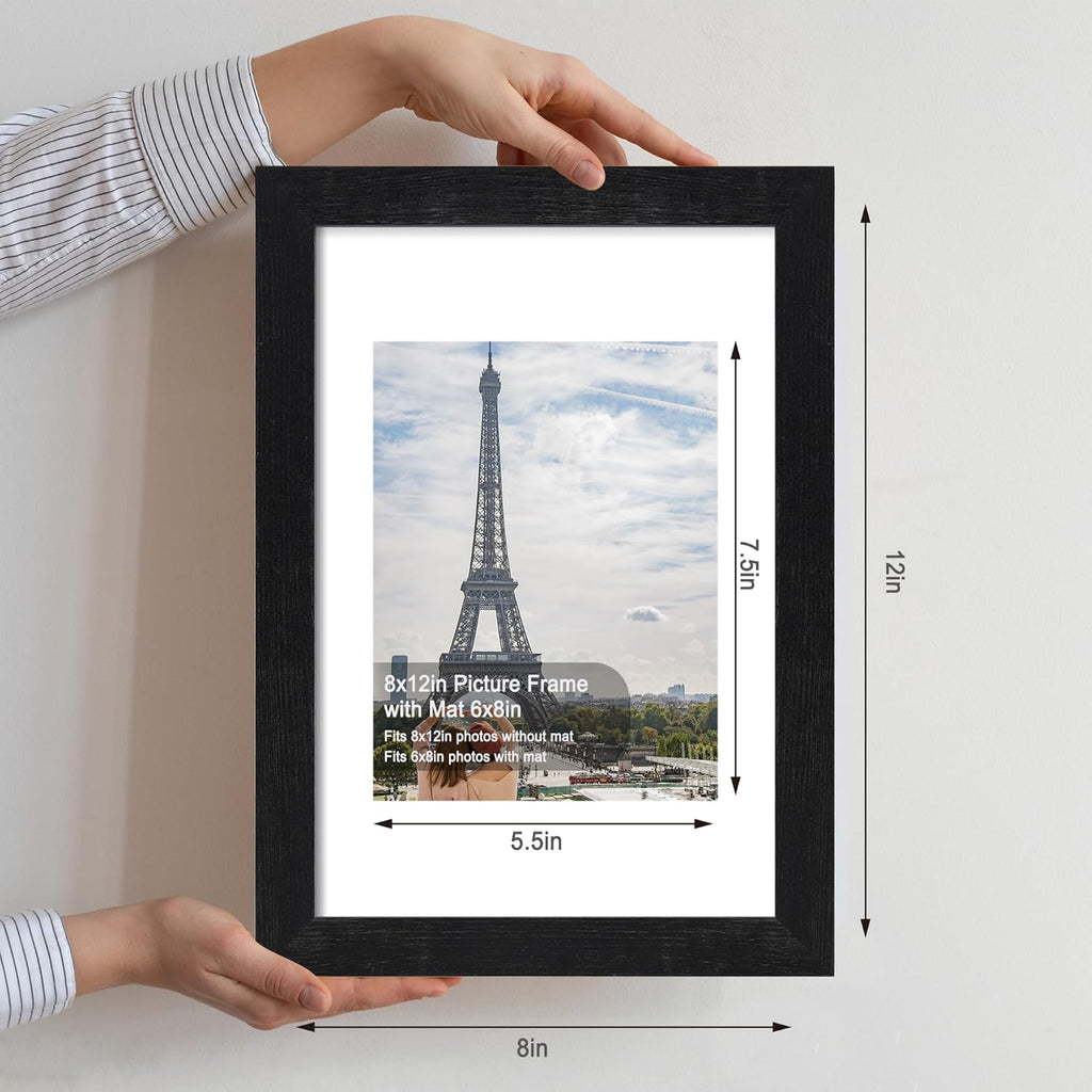 8x12 Picture Frame Set of 4, Made of Glass and Rustic Black Wooden Frame - Display 6x8 Picture with Mat or 8 x 12Poster Without Mat, 8 by 12 Photo for Wall or Tabletop