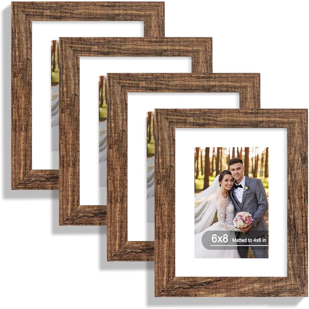 6x8 Picture Frame Set of 4, Made of Real Glass and Rustic Brown Frame - Display Picture 4x6 with Mat or 6x8 Without Mat, 6 by 8 Photo for Wall or Tabletop