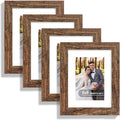 6x8 Picture Frame Set of 4, Made of Real Glass and Rustic Brown Frame - Display Picture 4x6 with Mat or 6x8 Without Mat, 6 by 8 Photo for Wall or Tabletop