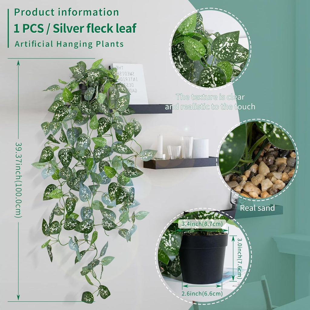 LOYWREE Fake Hanging Plant with Pot, Artificial Potted Fern Plant, 28.7-in Long Faux Hanging Vine Plant for Shelf Home Office Indoor Outdoor Garden Greenery Decor (Black Pot)