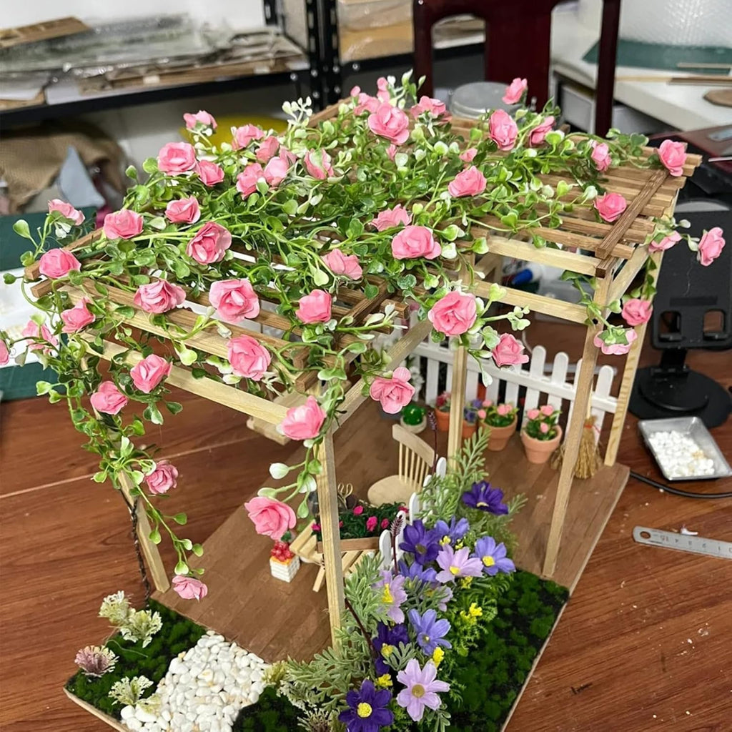 Warmtree Realistic Miniature Artificial Rose Vines - Cute Flower Decorations for DIY Mini Model Railway, Fairy Garden, Architecture Diorama Scenery Landscape Layout (Pink)