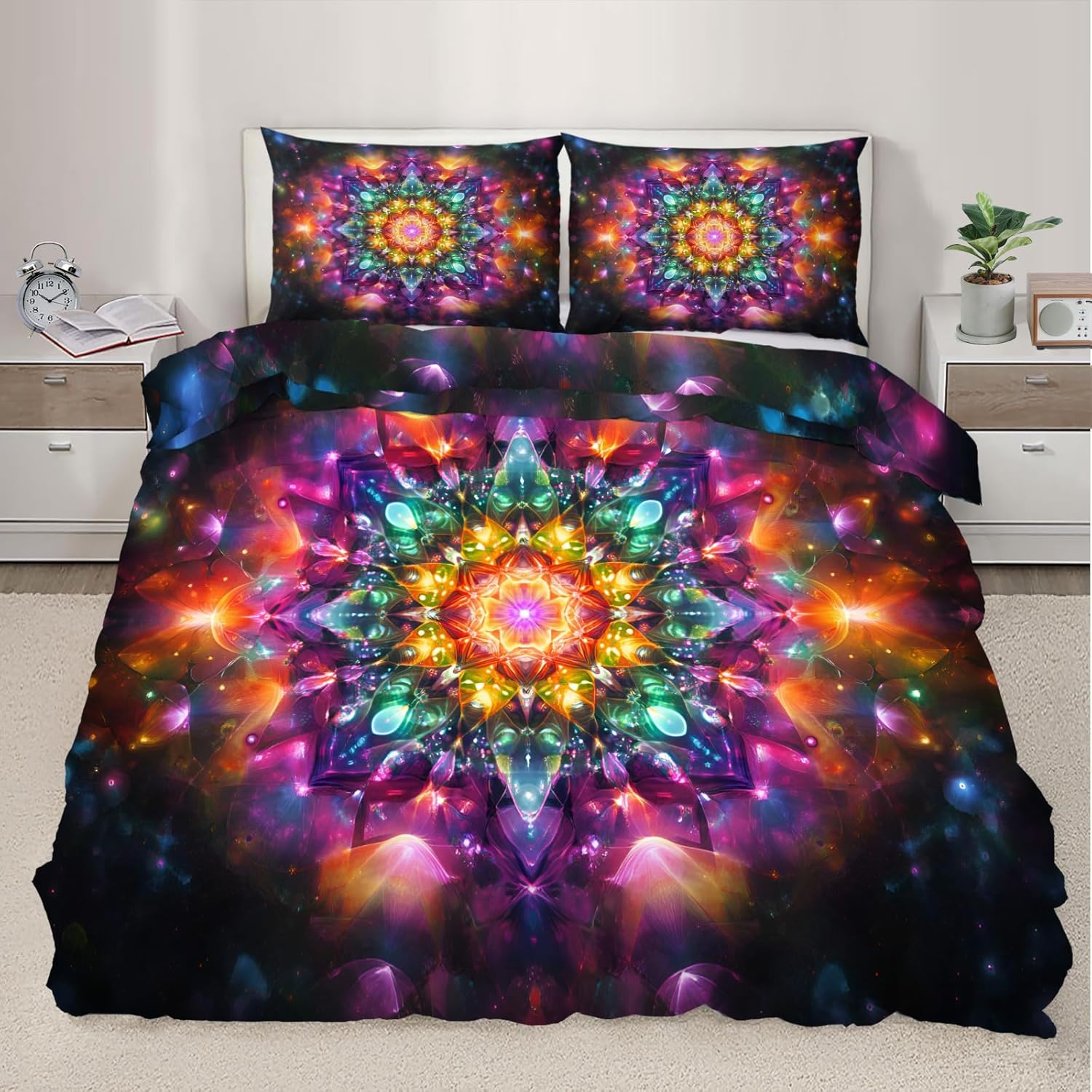 Colorful Mandala Duvet Cover King Size, Boho Dazzling Starry Bedding Set 3 Piece Bedroom Decor Trippy Art Comforter Cover and 2 Pillow Sham with Zipper Closure