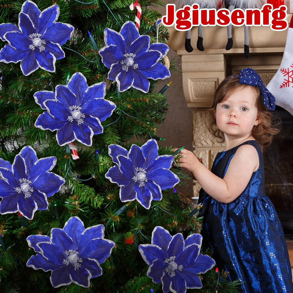 8 Pcs Large Christmas Flower Magnolia Flowers Christmas Tree Decoration Artificial Poinsettia Stems Velvet Xmas Ornaments for Xmas Tree Table Decor(Blue,12 Inch)