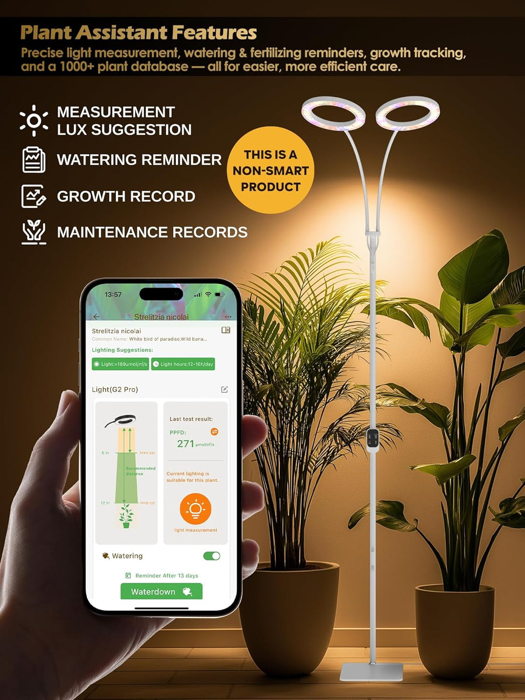 GLOWRIUM Grow Lights for Indoor Plants, Full Spectrum LED Grow Light, Stepless Dimming,3 Lighting Mode and Adjustable Height, Plant Light with 3/9/12/16H Timer (White, 48W)