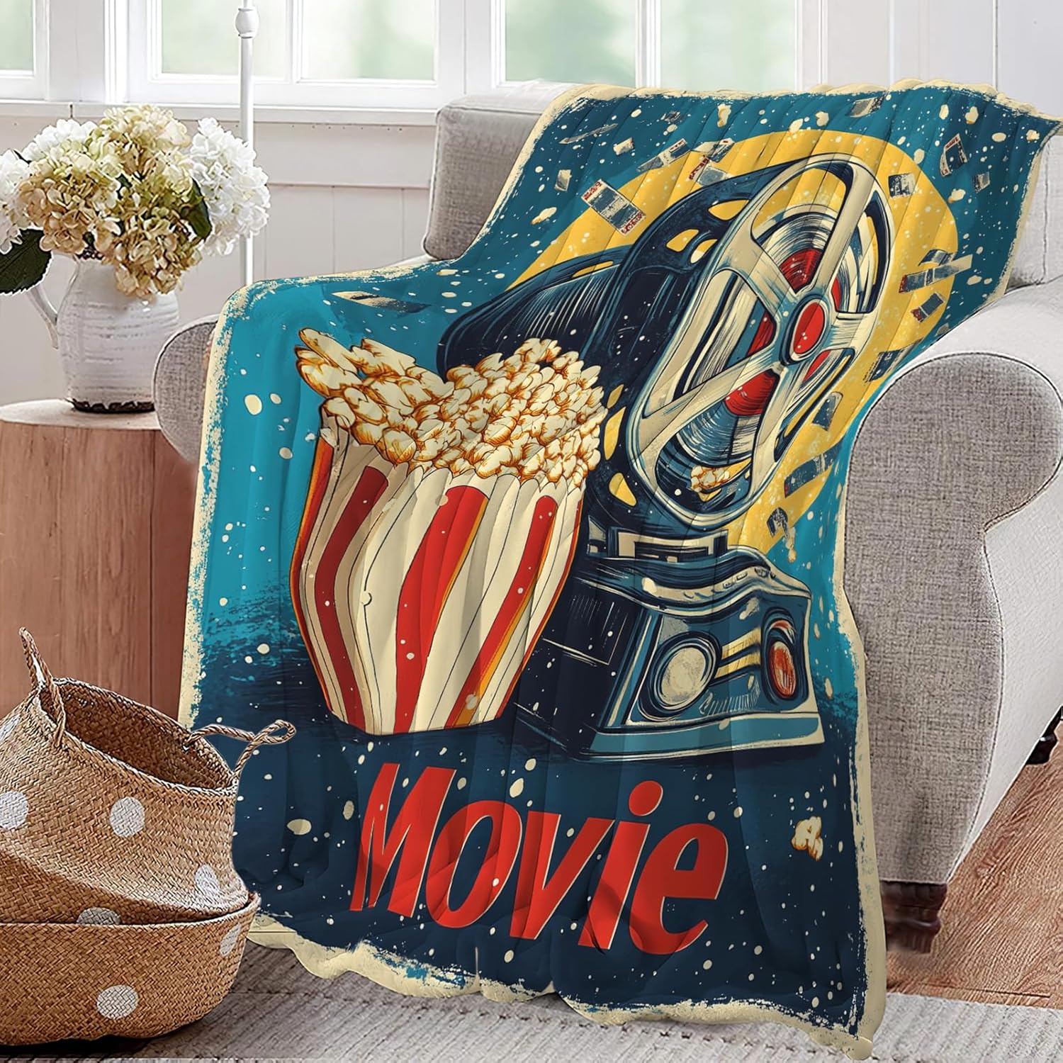 Movie Blanket Film Theater Cinema Popcorn Throw Blankets Gifts for Girls Boys Kids Movie Lover Soft Cozy Fleece Plush for Couch Sofa Bed 80"x60"