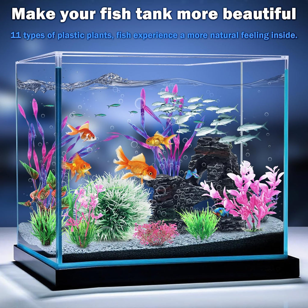 Fish Tank Accessories, Aquarium Fish Tank Plastic Plants and Cave Rock Decorations Set 10 Pieces, Small and Large Artificial Aquarium Plants with Cave Rock
