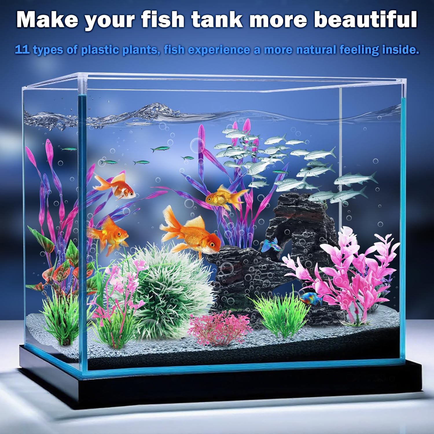 Fish Tank Accessories, Aquarium Fish Tank Plastic Plants and Cave Rock Decorations Set 10 Pieces, Small and Large Artificial Aquarium Plants with Cave Rock