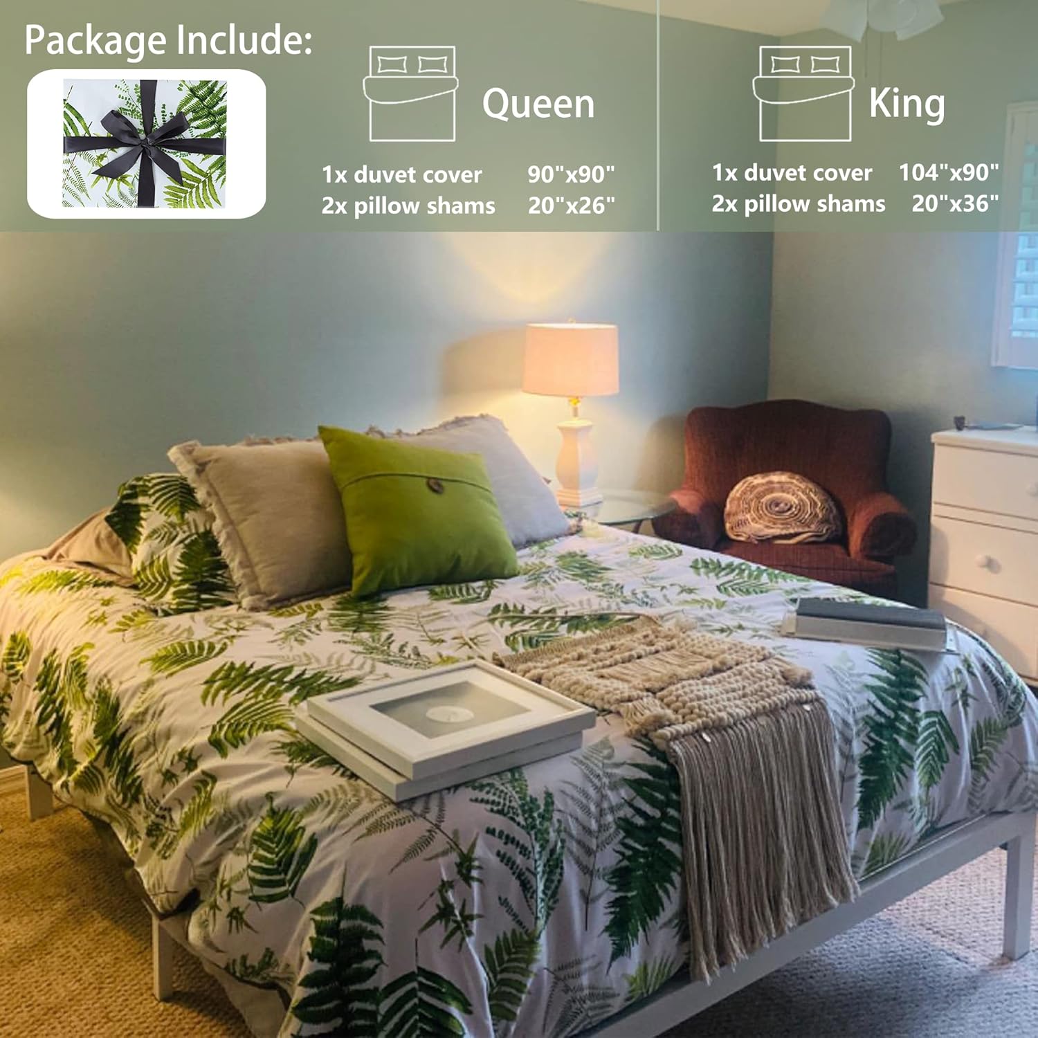 MILDLY 100% Long-Staple Cotton Duvet Cover Set King Size Green Palm Leaf Printed Luxury Comforter Cover Set Reversible Tropical Ultra Soft